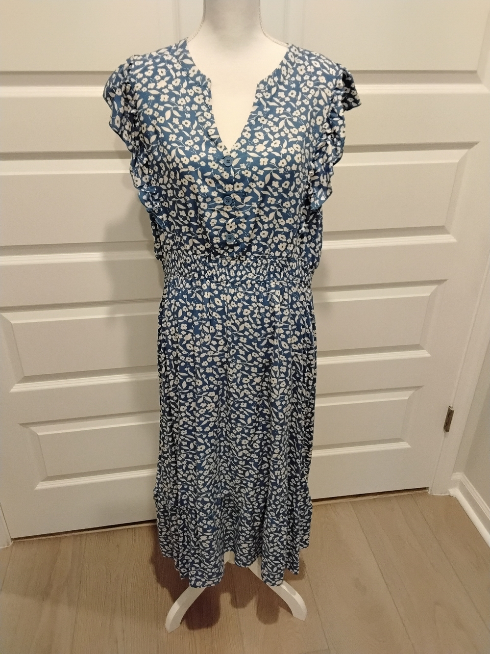 Blue Floral Smocked Waist Midi Dress